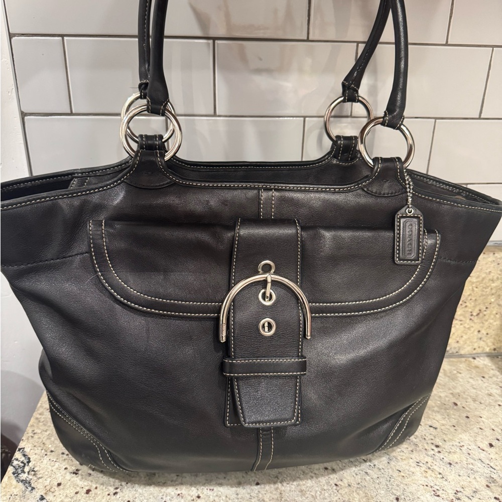 COACH Soho Burnished Blk Leather LG Shopper Business Travel Diaper Baby Bag Tote